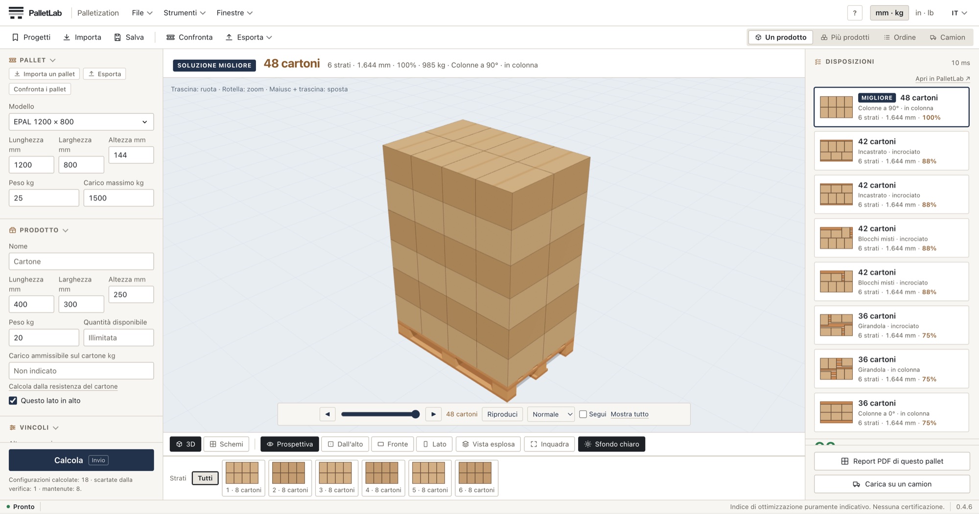 PalletLab Palletization: pallet EPAL con 48 cartoni in colonna su sei strati e la classifica delle disposizioni calcolate