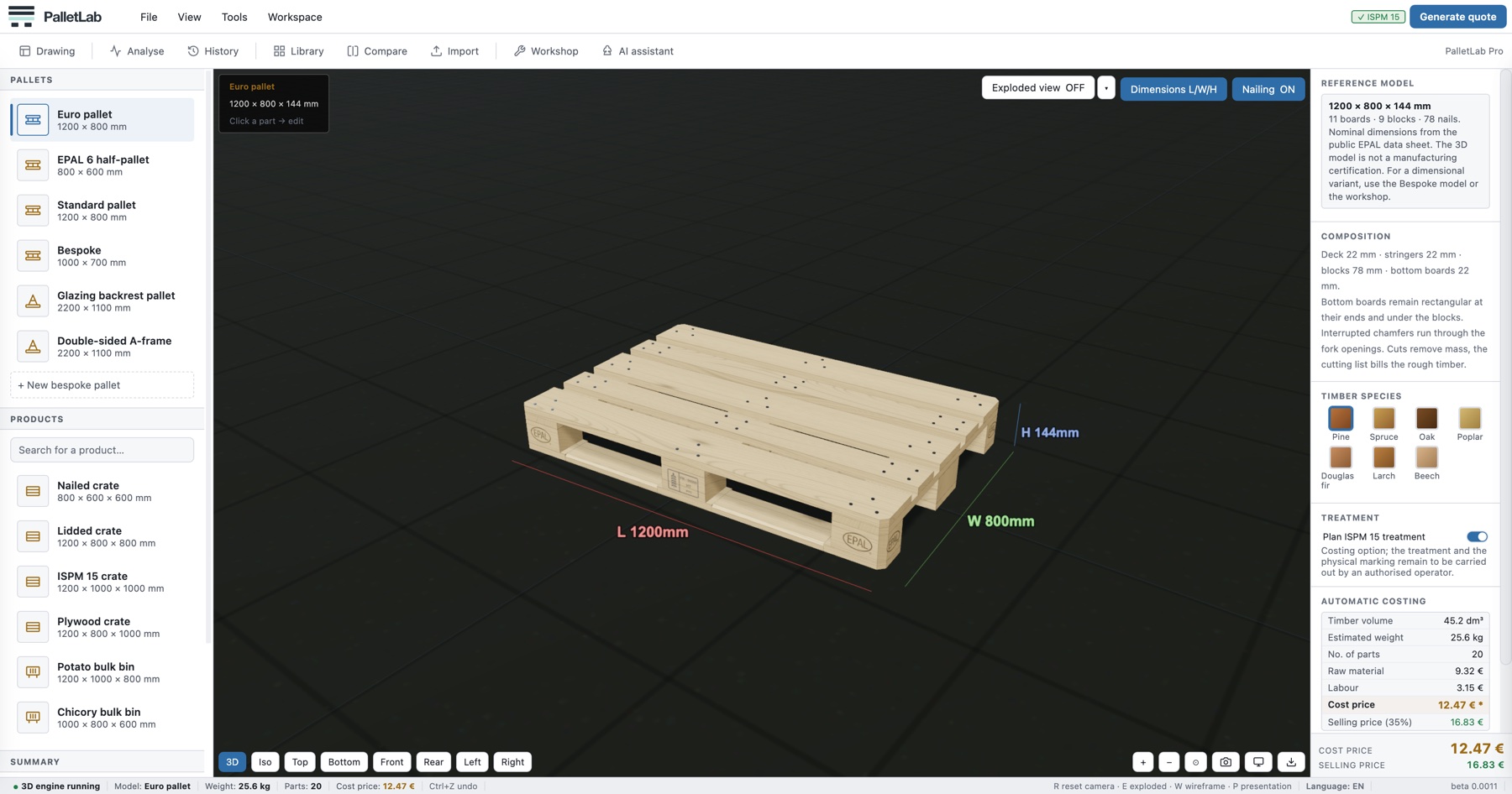 Il configuratore di PalletLab: un europallet in 3D al centro, misure ed essenza a destra, costo di produzione in fondo al pannello