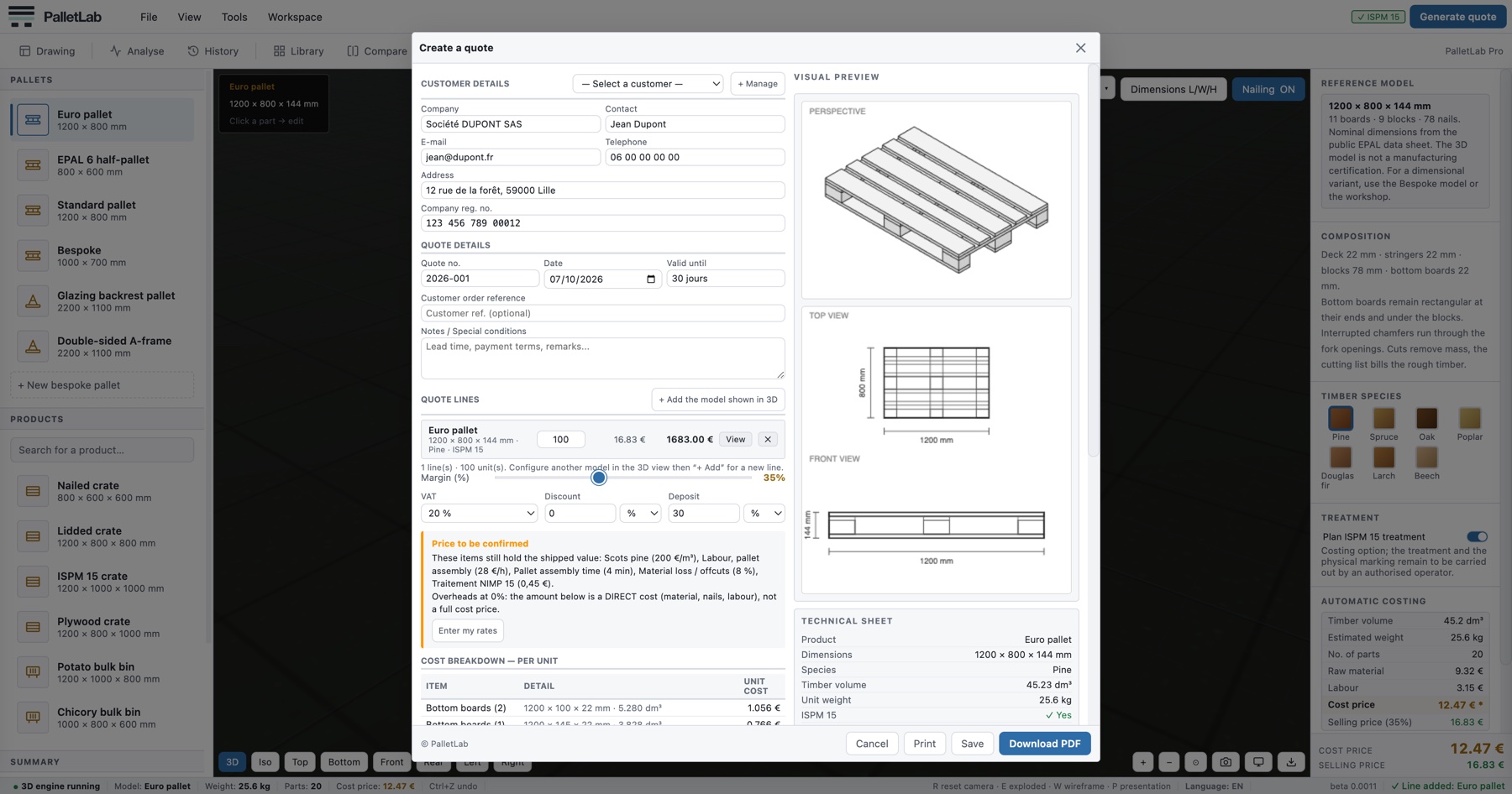 La finestra di creazione del preventivo in PalletLab: dati del cliente, righe del preventivo, margine, IVA e anteprima del modello in prospettiva e in viste tecniche